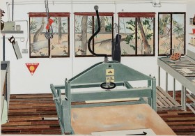 A painting that is part of the Griffith University Art Museum's collection. It is a painting of a lithographic studio, complete with work benches and tools. There are four windows that look out onto dry Australian bushland.